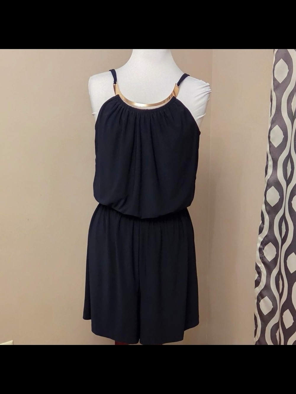 Emma & Michele Navy Romper with Gold Neckline